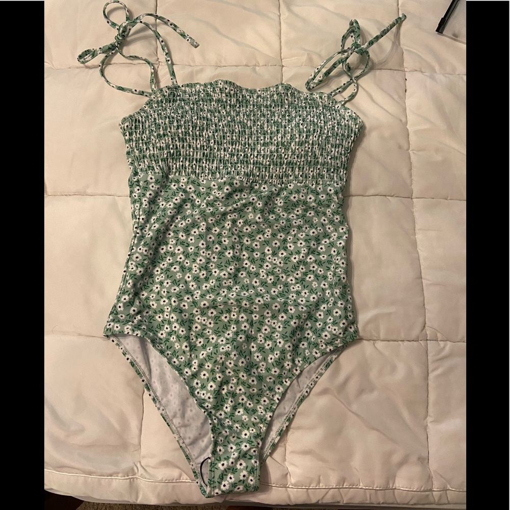 Mint & white one-piece swim suit with daisies